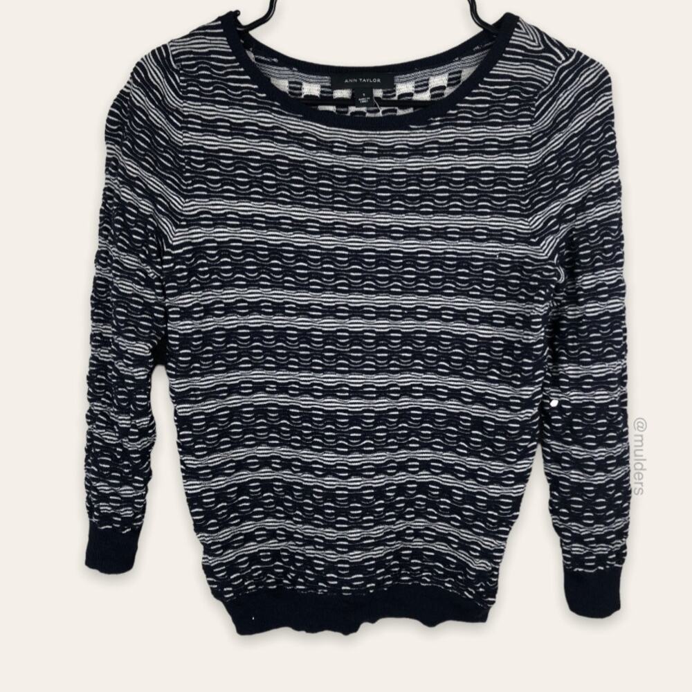 Ann Taylor Squiggle Superfine Merino Wool Blend Stripe Black & White Shirt